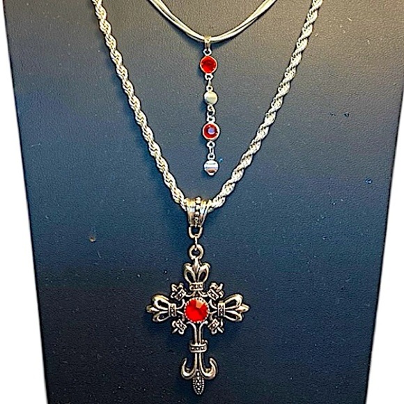 Sterling Silver Ruby Red Cross Layered Necklace Handmade Boho Tribal Punk - Picture 4 of 5